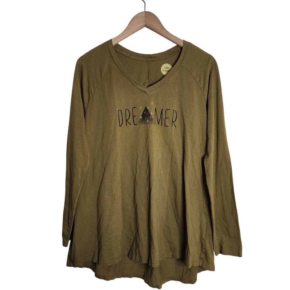 Life is Good Sleep Shirt Women Medium Green Dreamer V-Neck Long Sleeve Tee